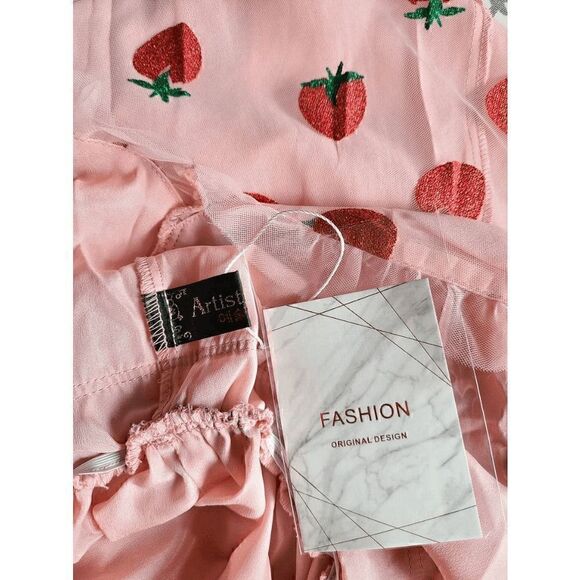 🍓 Strawberry Mesh Tulle Girly Cute Pink Puff Sleeve Glitter Midi Dress S NWT - Picture 7 of 16